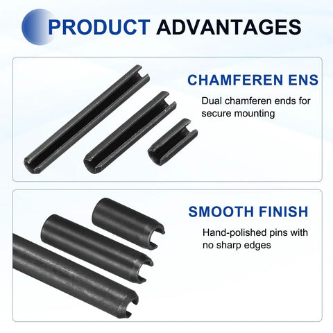 60-Pack Slotted Split Roll Pins 4 Mm Diameter 1.6 Inch Long Rock Solid 65Mn Steel Spring Tension Dowels Black with chamfered ends and smooth finish for secure mounting.