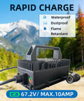 672W Fast Charger 67.2V 10A for Electric Dirt Bikes and E Bikes, IP65 waterproof with cooling fan, shown in an outdoor setting