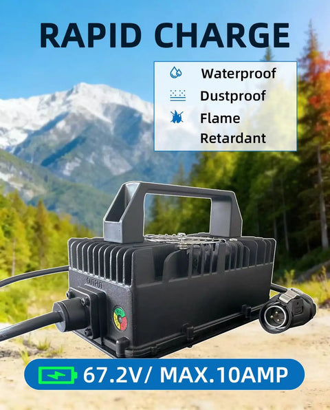 672W Fast Charger 67.2V 10A for Electric Dirt Bikes and E Bikes, IP65 waterproof with cooling fan, shown in an outdoor setting