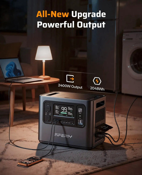 2400W Portable Power Station With 2048Wh LiFePO4 Battery in living room setting, charging devices, highlighting power output.