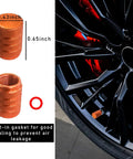 5 Piece Aluminum Tire Valve Stem Cap Set Built Tough Dust Proof and Corrosion Resistant Universal Caps shown in use on vehicle tire.