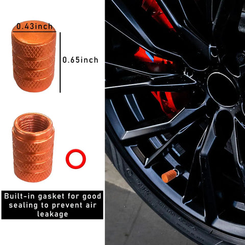 5 Piece Aluminum Tire Valve Stem Cap Set Built Tough Dust Proof and Corrosion Resistant Universal Caps shown in use on vehicle tire.