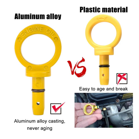 Comparison of aluminum and plastic oil dipstick handles, highlighting durability benefits and ease of use.