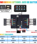 Wiring diagram for RGB 8 Gang Switch Panel High Power Multifunction Toggle Box with battery and ACC options.