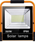 JUDYSSY Led Floodlight 50W Rechargeable Solar Work Light with bright LED panel and sturdy orange frame for outdoor use.