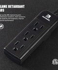 Wall Mountable Power Strip With Three Grounded Outlets And Braided Ten Inch Cord Black Travel Friendly Compact Extension No Surge Protector ETL Listed 13A 125V 1625W For Home Office And On The Go on black background showing flame retardant ABS material.