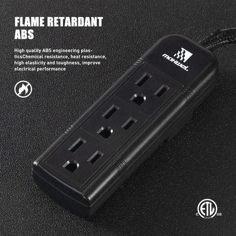 Wall Mountable Power Strip With Three Grounded Outlets And Braided Ten Inch Cord Black Travel Friendly Compact Extension No Surge Protector ETL Listed 13A 125V 1625W For Home Office And On The Go on black background showing flame retardant ABS material.