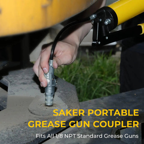 Person using Heavy Duty Quick Release Grease Gun Coupler Set Upgraded To 14000 PSI, Locking Jaw, Fits 1/8 NPT Fittings