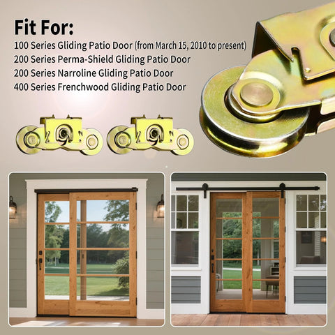 Two Set Gliding Patio Door Tandem Roller Assembly Replaces 1997061 And Is Compatible With 200 Series Perma Shield Narroline And 400 Series Frenchwood Gliding Doors Since 1982 Featuring One And A Quarter Inch Steel Ball Bearing And Side Adjustable shown with patio doors and compatibility list.