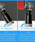 Two-panel view of 1-3/8 in dry diamond core tile drill bit on a red drill; shows 45° start and 90° drilling.
