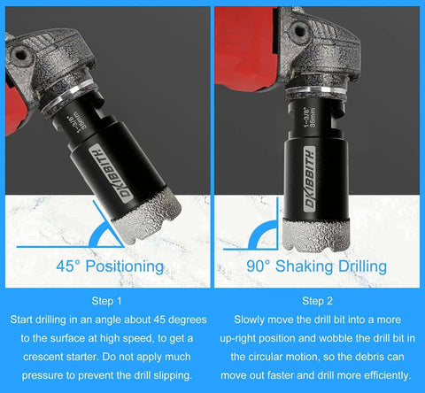 Two-panel view of 1-3/8 in dry diamond core tile drill bit on a red drill; shows 45° start and 90° drilling.
