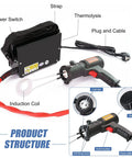 Heavy Duty 1500W Induction Heater Bolt Removal Tool With Smooth Operation And No Sweat Extraction For Stuck Rusted Nuts Bolts Bearings 4 Matching Coils Included 110V Portable Workhorse components labeled with power switch, induction coil, and plug.