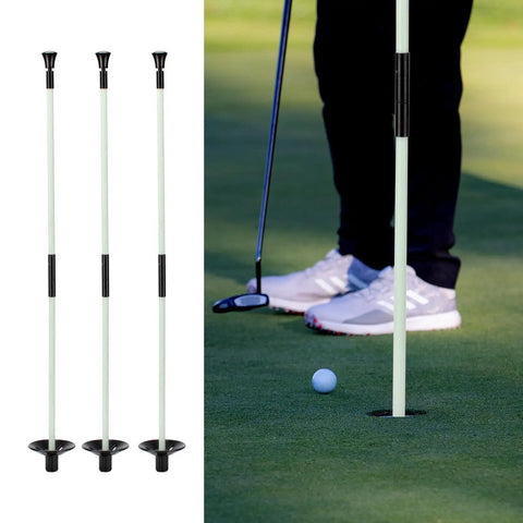 Three Portable Golf Flagstick For Putting Green, Detachable Fiberglass Flag Poles in use on a golf course green.