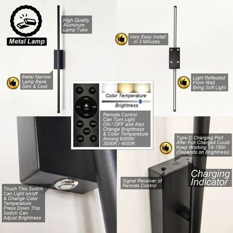 Easy Peasy Peel And Stick No Drill Setup Sleek Rechargeable Wireless Wall Sconces Set Of Two Dimmable Touch Controls Battery Powered LED Lighting For Modern Home Vibes. Metal lamp with remote control, dimmable brightness and adjustable color temperature.