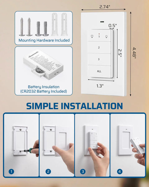 Wireless Remote Light Switch Kit For Lamps And Fixtures No Wiring Needed 100 Ft Range installation guide with controller and screws.