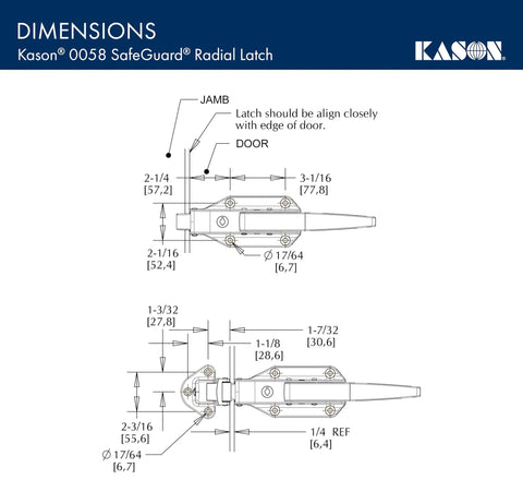 Dimensions diagram of Safeguard Radial Latch With Light Spring For Smooth Self Closing Door Closure Easy Peasy Tight Seal Minimal Pressure Inside Or Outside With Inside Release Handle Foam Door Compatible Economical