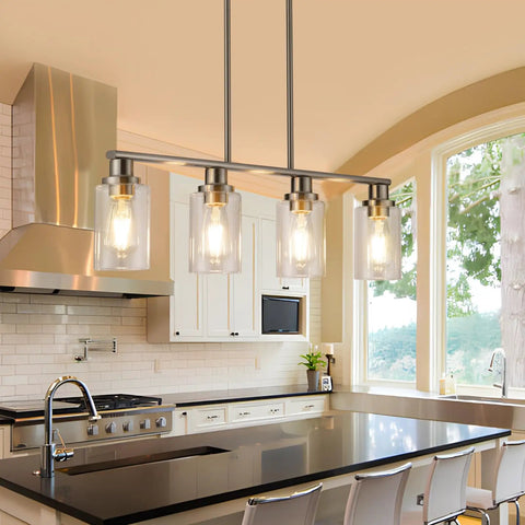 Four Light Chrome Kitchen Island Pendant Light Fixture With Clear Glass Shades For Modern Dining Room And Living Room