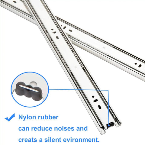 18 Inch Full Extension Drawer Slides Set Of 10 Pairs With Screws Side Mount Ball Bearing Quiet Glide 100 Lb Capacity Zinc Plated Cold Rolled Steel Built To Last With Noise Dampening Nylon Bumpers featuring close-up nylon bumper detail
