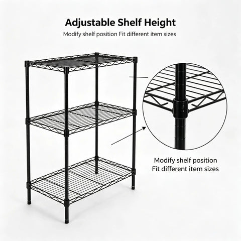 Heavy Duty 3 Tier Wire Shelving Rack, Adjustable Freestanding Storage Organizer showing adjustable shelf height features.