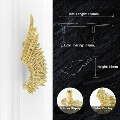 Heavy Duty Solid Brass Wardrobe Handles Featuring Slick Matte Gold Angel Wing Design And Badass Cabinet Knobs, 168mm size.