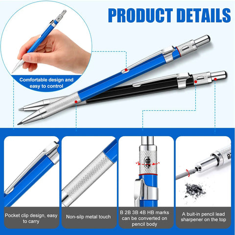 Two Pack Welders Pencil Kit With Forty Eight 2.0 Mm Round Refills showing blue and black mechanical pencils, grip, and sharpener