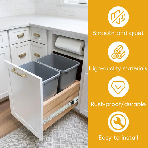 Heavy Duty 9 Inch Side Mount Drawer Slides Solid Ball Bearing Cabinet Hardware installed with dual grey bins in kitchen.