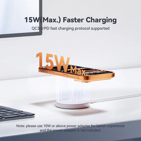 15W max charge displayed on white magnetic wireless charger with phone, Magnetic Wireless Charger 2 Pack With 15W Fast Charging 4.2 Ft Type C Cable Works With iPhone 12 13 14 15 16 17 Series And AirPods 2 3 Pro Strong Magnetic Alignment No Slip Case Friendly Charging On The Go