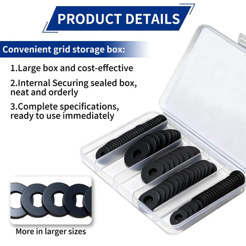 85 Piece Flat Rubber Washers Assortment Kit For DIY Fixes And Everyday Home Repairs With Five Sizes in a storage box