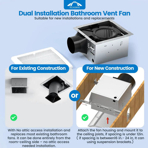 Dual installation options for Quiet 110 CFM Ceiling Bathroom Exhaust Fan with one point five sones and no attic access needed install