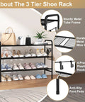 3 Tier Metal Shoe Rack Organizer 33 Inch Wide Built To Last Space Saving Shoe Storage with Side Hooks shown in a room