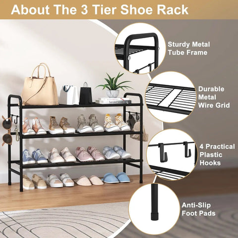 3 Tier Metal Shoe Rack Organizer 33 Inch Wide Built To Last Space Saving Shoe Storage with Side Hooks shown in a room