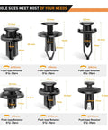 Image of 6 hole sizes of 120 Piece Universal Car Retainer Bumper Clips Push Pin Rivet Kit With Fastener Remover Tool.