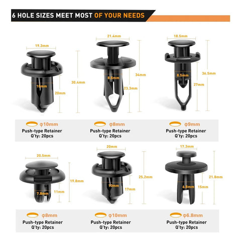 Image of 6 hole sizes of 120 Piece Universal Car Retainer Bumper Clips Push Pin Rivet Kit With Fastener Remover Tool.