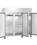 Premium Commercial Reach In Beverage Merchandiser With Three Swing Solid Doors And Sleek Stainless Build, 81 Inch Wide.