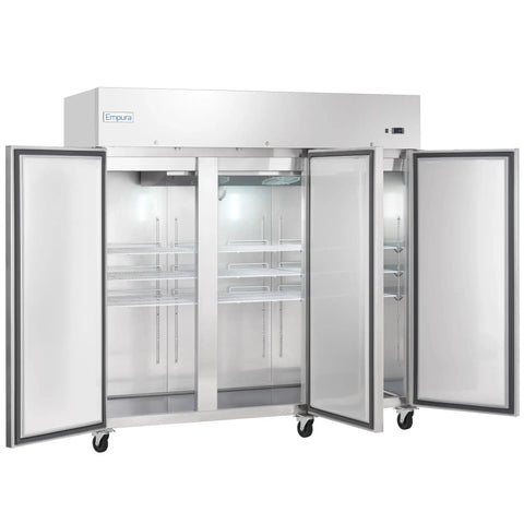 Premium Commercial Reach In Beverage Merchandiser With Three Swing Solid Doors And Sleek Stainless Build, 81 Inch Wide.