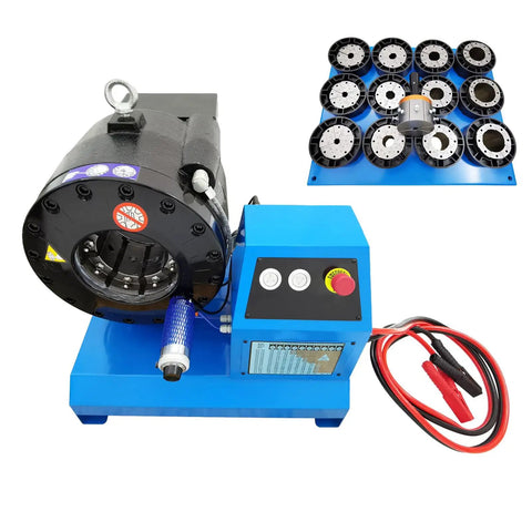 12V Portable Hydraulic Hose Crimper With 13 Quick Swap Dies, compact design with ergonomic controls and multiple dies for hose crimping.