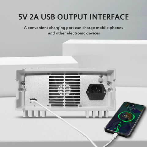 Back view of 32V 6A Adjustable Multi Channel DC Power Supply MPS-3264 showing 5V 2A USB output with phone charging