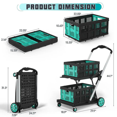 Dimensions of Heavy Duty Foldable Grocery Cart With 2 Storage Crates, 350 Lb Capacity, showing foldable and 2-tier structure