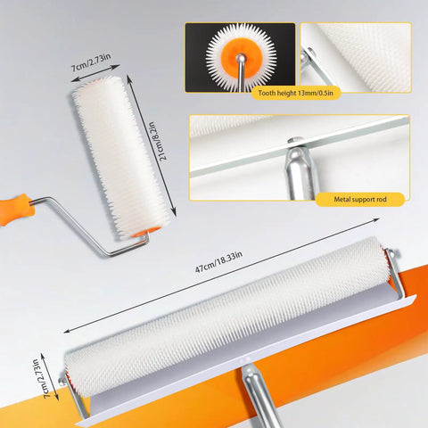Self Leveling Concrete Tool Kit With Floor Roller And 68 Inch Extension Pole, close-up of durable PE rollers, dimensions shown.