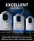 Image of three SUS304 stainless steel shrouded padlocks with keyed alike feature, showcasing durability and anti-rust properties for all-weather use.