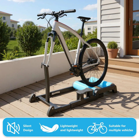 Detachable Indoor Bike Resistance Trainer With Quick Release Front Wheel No-Slip Balance Rack outdoors on a patio