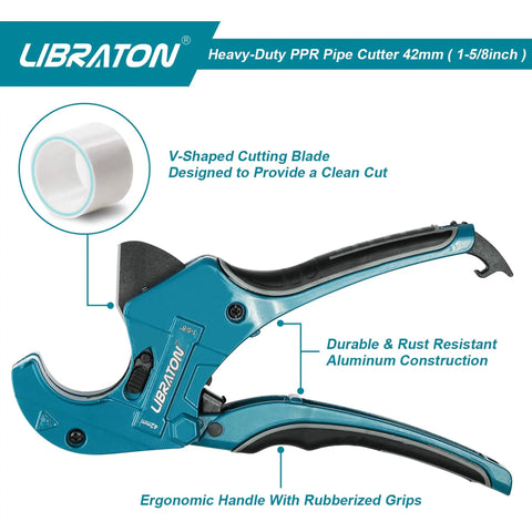 One And Five Eighths Inch Ratcheting PVC Cutter With Replacement Blade shown from side angle with ergonomic handle