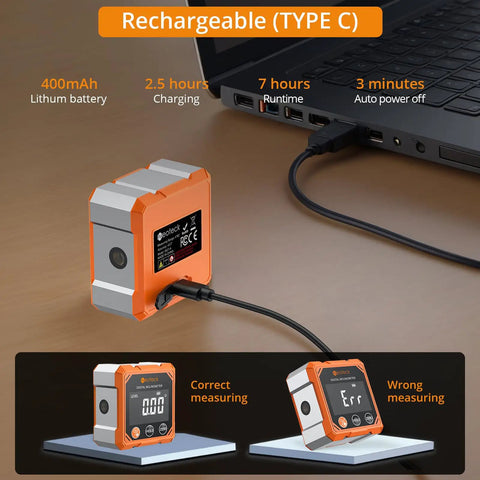 Top Shelf Four Side Magnetic Digital Angle Finder With Dual Laser Level For Tiling Layouts Picture Hanging And Quick Installations That Give Badass Accuracy Without Any Hassle Or Fuss charging via Type C cable with display for measuring accuracy.