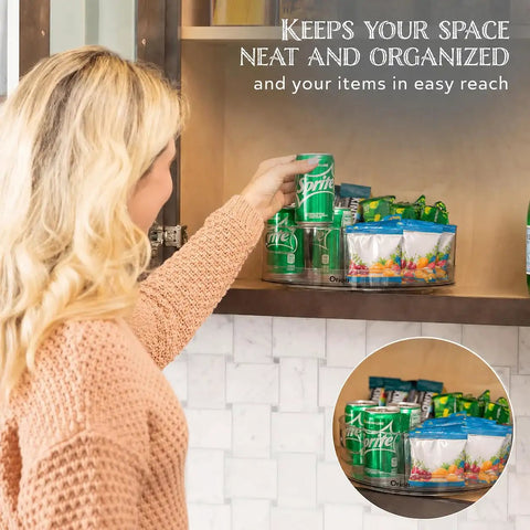 Clear Acrylic Lazy Susan Turntable With Four Removable Sections And Easy Grip Handles Smooth 360 Rotation For Kitchen Fridge And Cabinet, organizing drinks and snacks in cabinet.