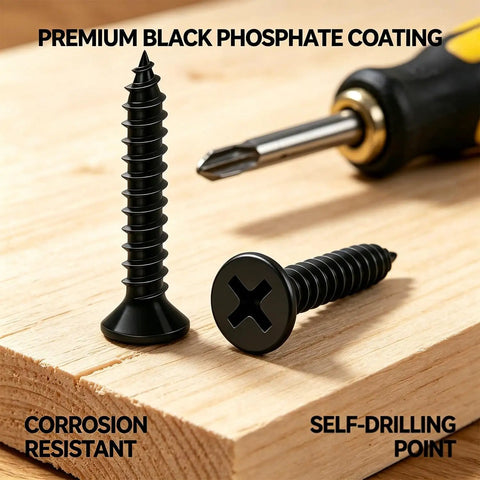 Close-up of Go-To Drywall Screws Kit With 220 Black Wood Screws, showing two screws on wood with screwdriver nearby.
