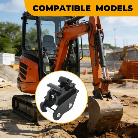 Mini Excavator Quick Change Hitch Coupler with 25mm Pin for 0.8 to 2 Ton Machines on construction site next to excavator.
