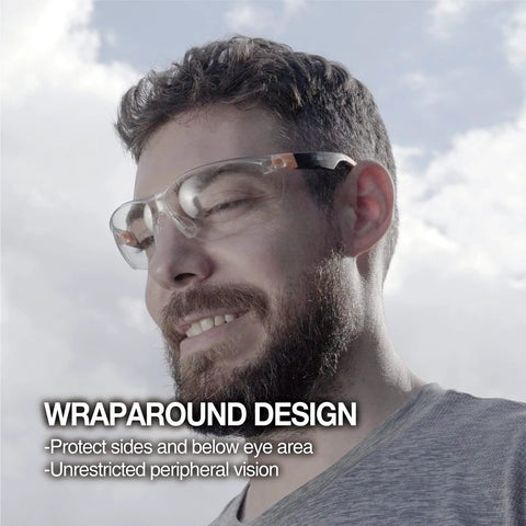 Man wearing All-Day Comfort Anti-Fog Safety Glasses With 99% UV Blocking, Scratch-Resistant Lenses, Z87.1 Eye Protection.