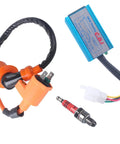 Ride Ready Performance Ignition Coil And AC CDI Box For GY6 4 Stroke Engines 50cc 70cc 90cc 110cc 125cc 150cc Scooters ATVs Go Karts Mopeds Dirt Bikes With 3 Electrode Spark Plug, showing ignition coil, CDI box, and spark plug.