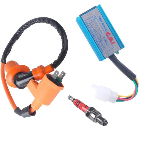 Ride Ready Performance Ignition Coil And AC CDI Box For GY6 4 Stroke Engines 50cc 70cc 90cc 110cc 125cc 150cc Scooters ATVs Go Karts Mopeds Dirt Bikes With 3 Electrode Spark Plug, showing ignition coil, CDI box, and spark plug.