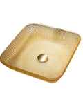 USZWBY Yellow Square Shape Tempered Glass Bathroom Vessel Sink with Waterfall Tap Modern Artistic Vessel Sink with Pop Up Drain, Counter Top Installation close-up view of golden textured glass sink